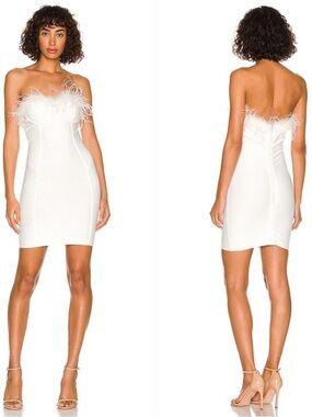 superdown White Strapless Feather-Trim Bodycon Dress